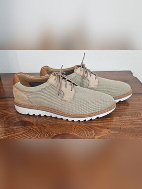 Johnston & Murphy Taupe Knit Leather LaceUp Oxfords wTan Heel Detail Men Sz 11.5